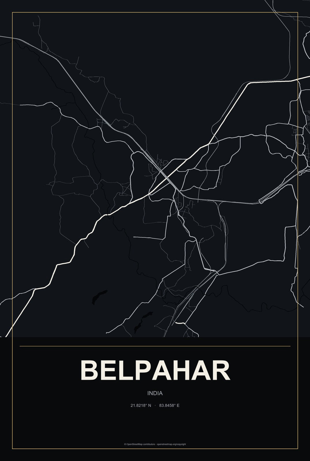 Belpahar, India City Map Aluminum Sign in Metropolitan Noir style