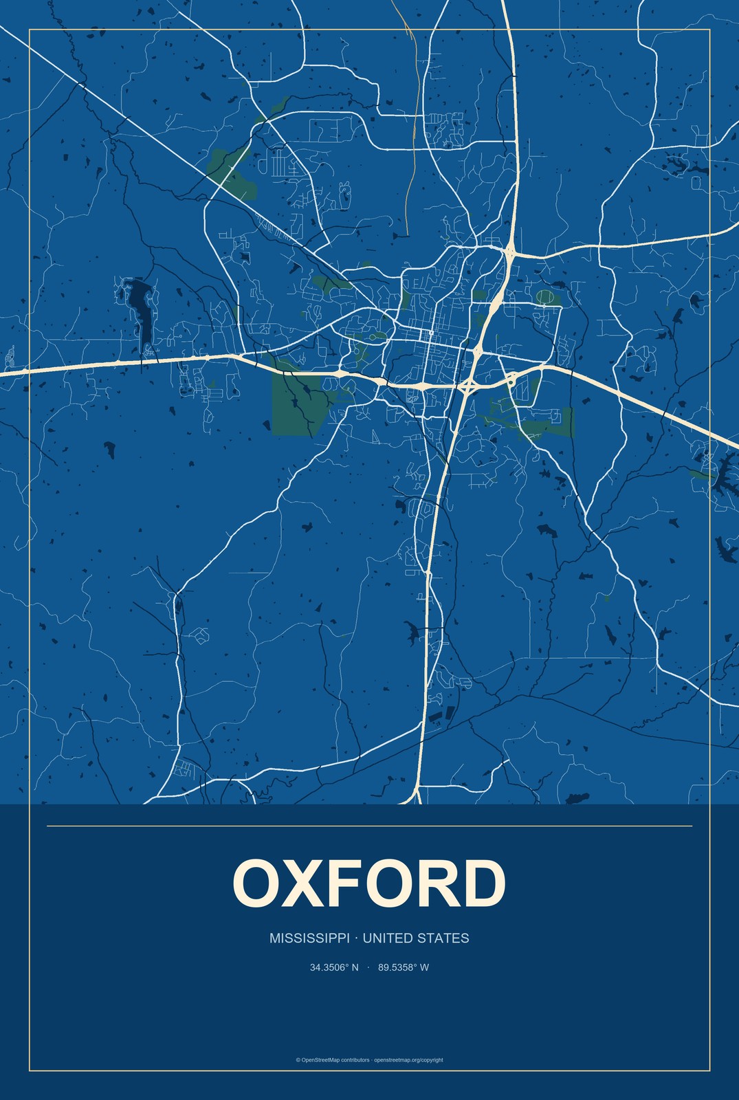 Oxford, Mississippi City Map Aluminum Sign in Harbor Cobalt style