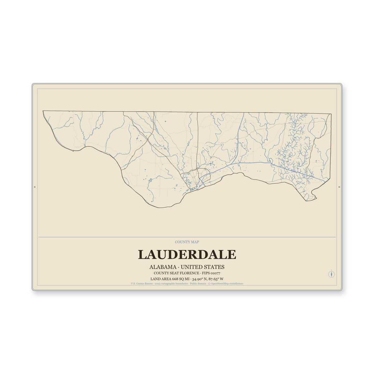 Lauderdale County, Alabama Map Aluminum Sign in Heritage Nautical style