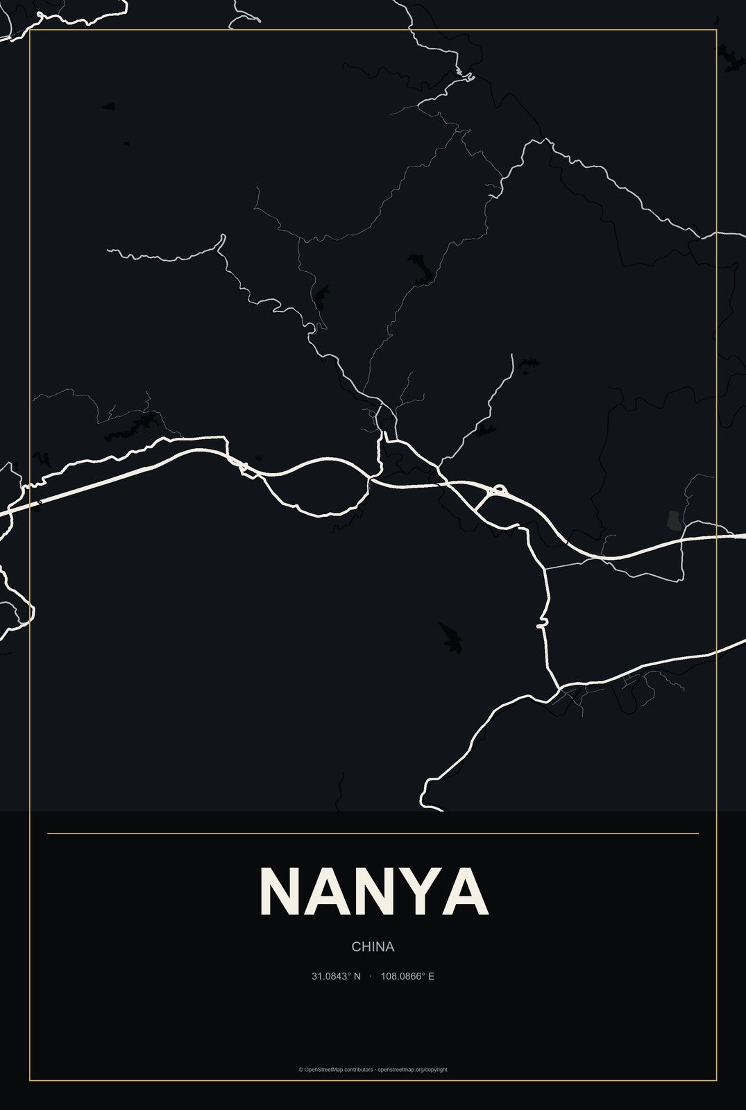 Nanya, China City Map Aluminum Sign in Metropolitan Noir style