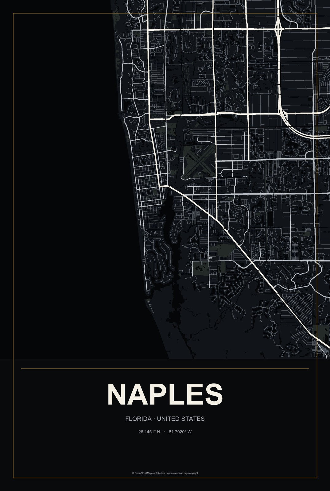Naples, Florida City Map Aluminum Sign in Metropolitan Noir style