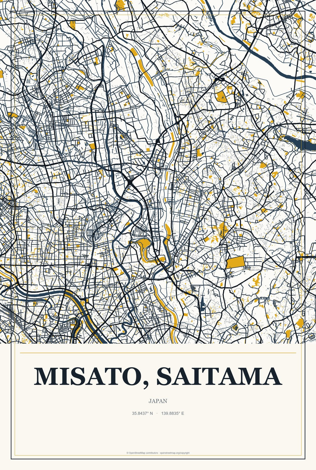 Misato, Saitama, Japan City Map Aluminum Sign in Citrine Modern style