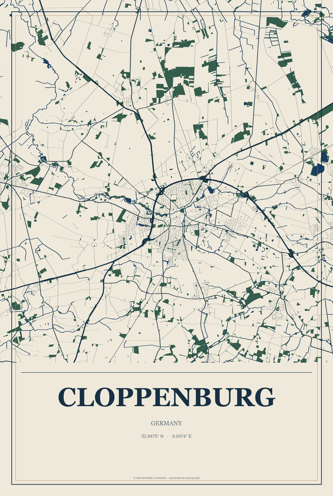Cloppenburg, Germany City Map Aluminum Sign in Coastal Cutout style