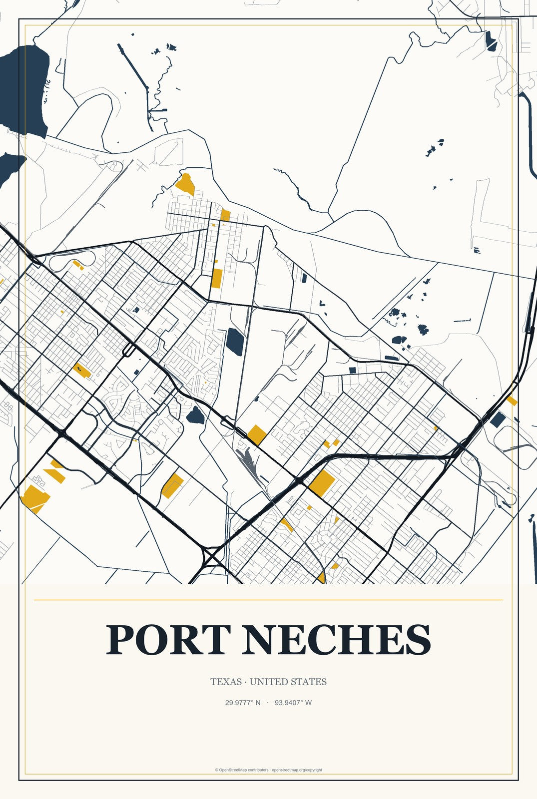 Port Neches, Texas City Map Aluminum Sign in Citrine Modern style