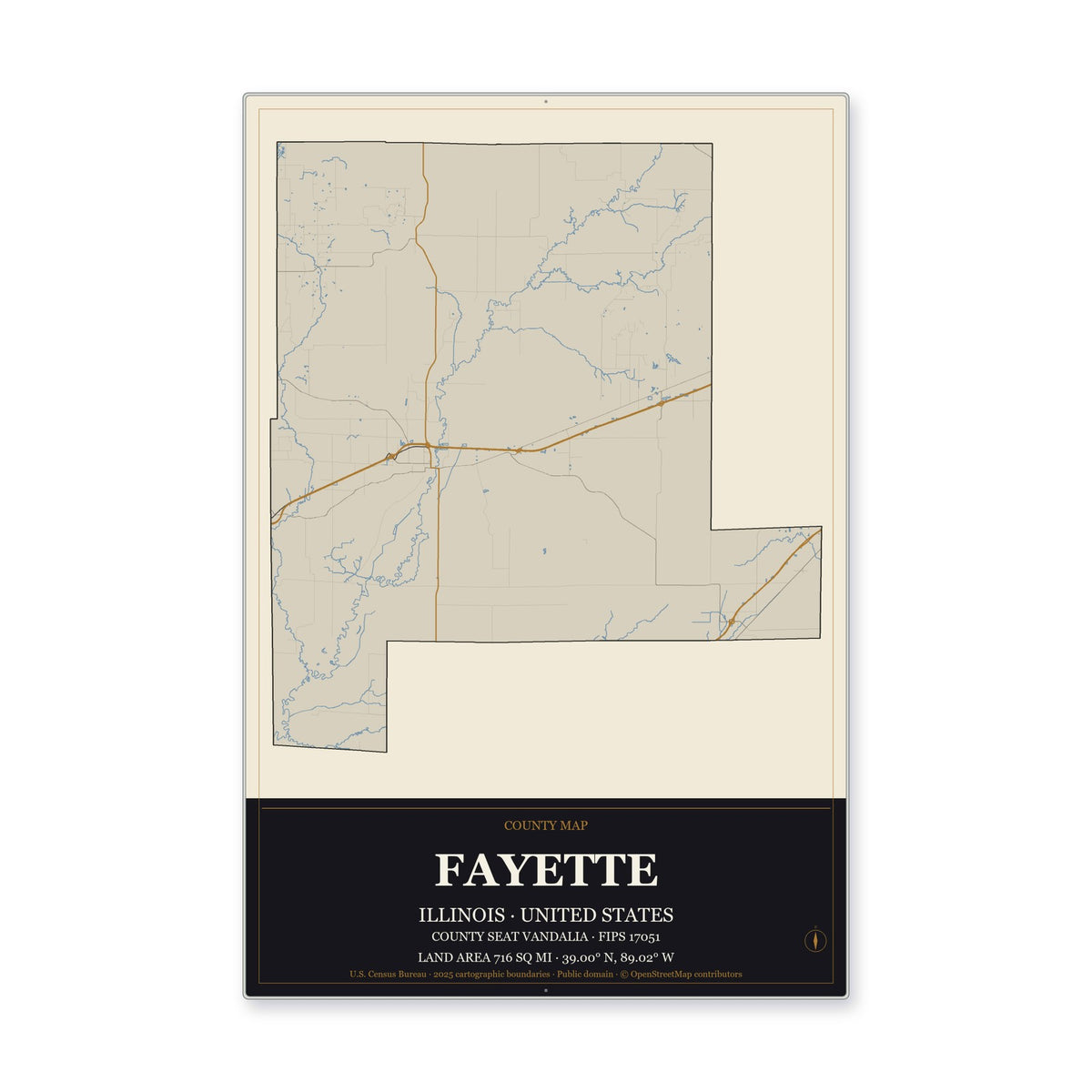Fayette County, Illinois Map Aluminum Sign in Museum Plaque style