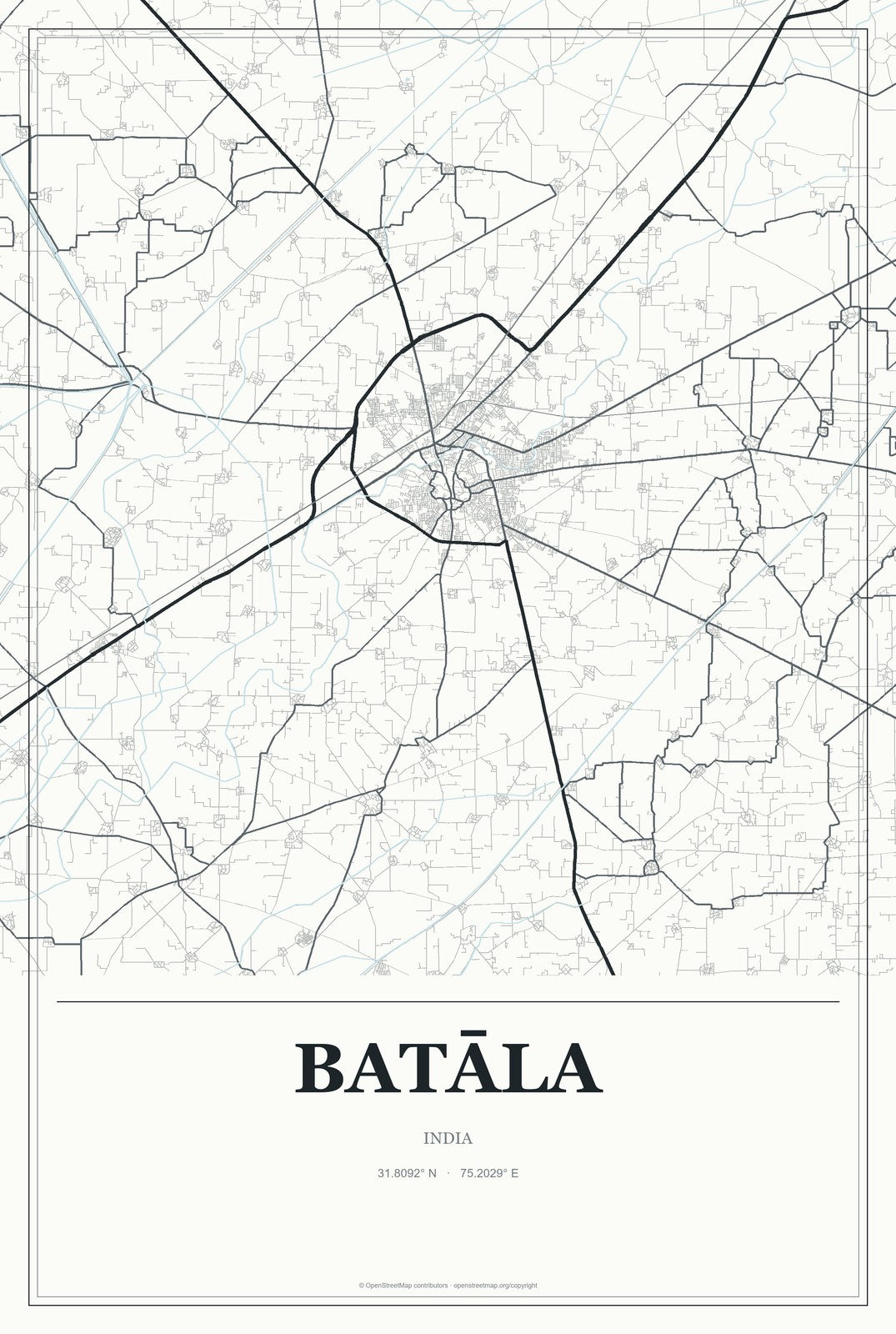 Batāla, India City Map Aluminum Sign in Gallery Air style