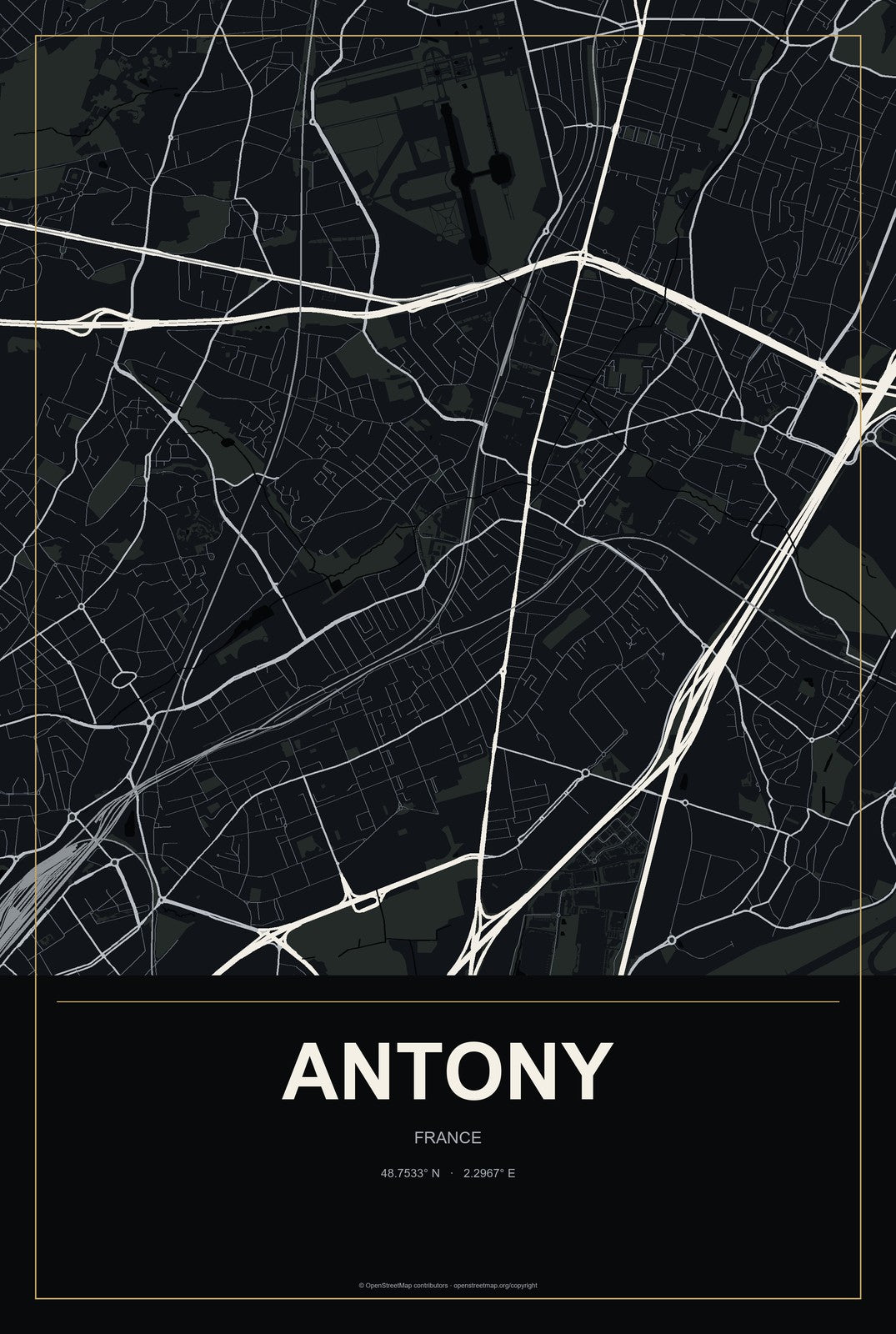 Antony, France City Map Aluminum Sign in Metropolitan Noir style