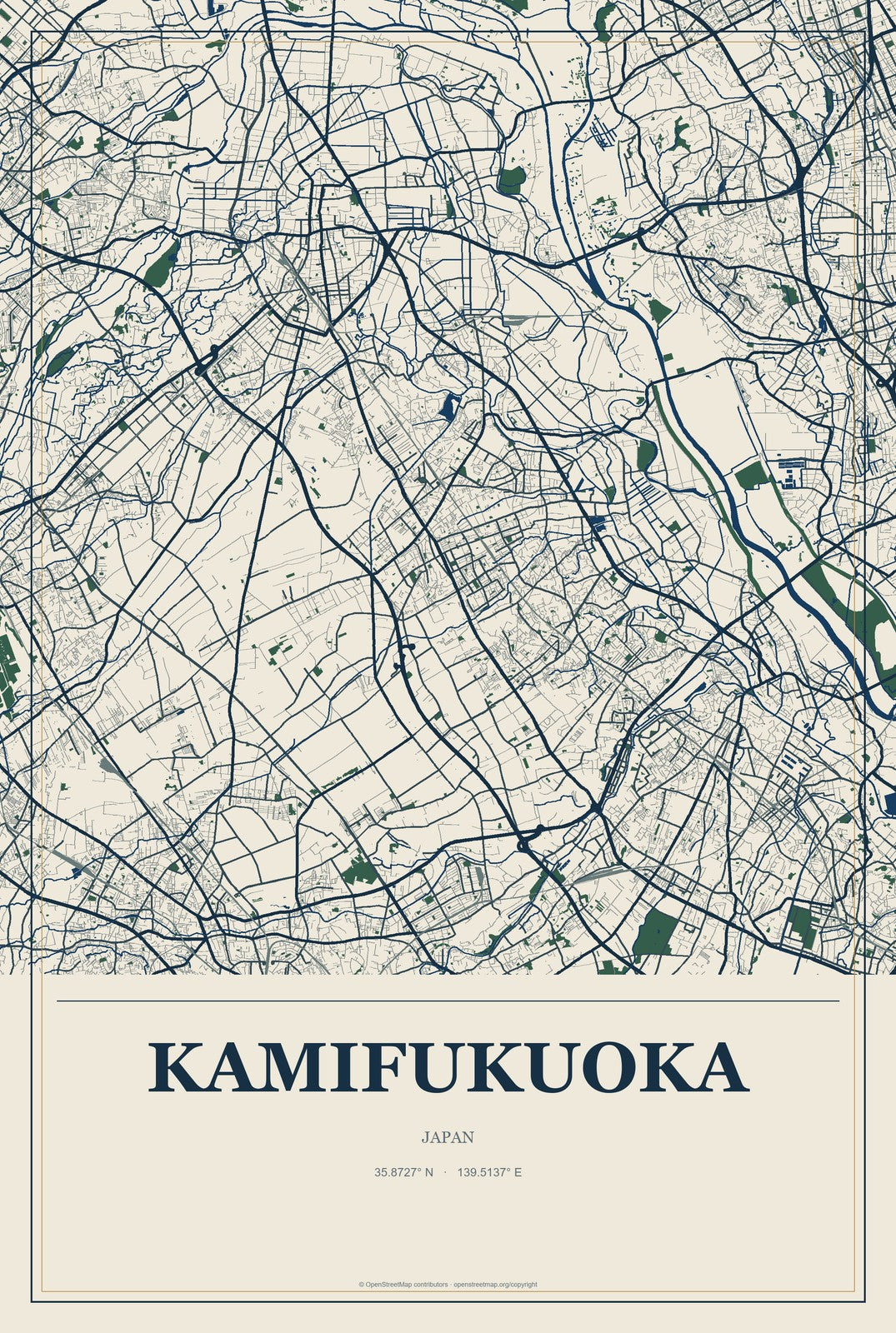 Kamifukuoka, Japan City Map Aluminum Sign in Coastal Cutout style