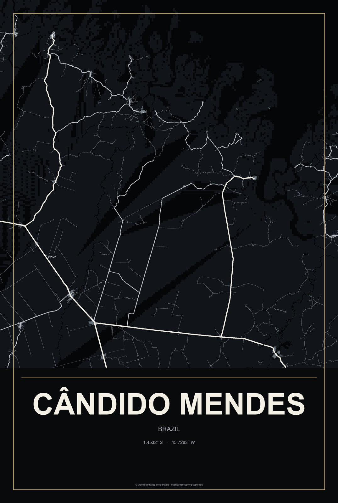 Cândido Mendes, Brazil City Map Aluminum Sign in Metropolitan Noir style