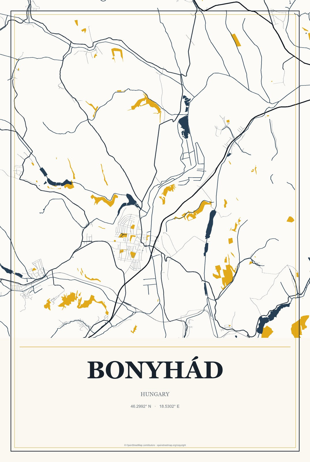 Bonyhád, Hungary City Map Aluminum Sign in Citrine Modern style
