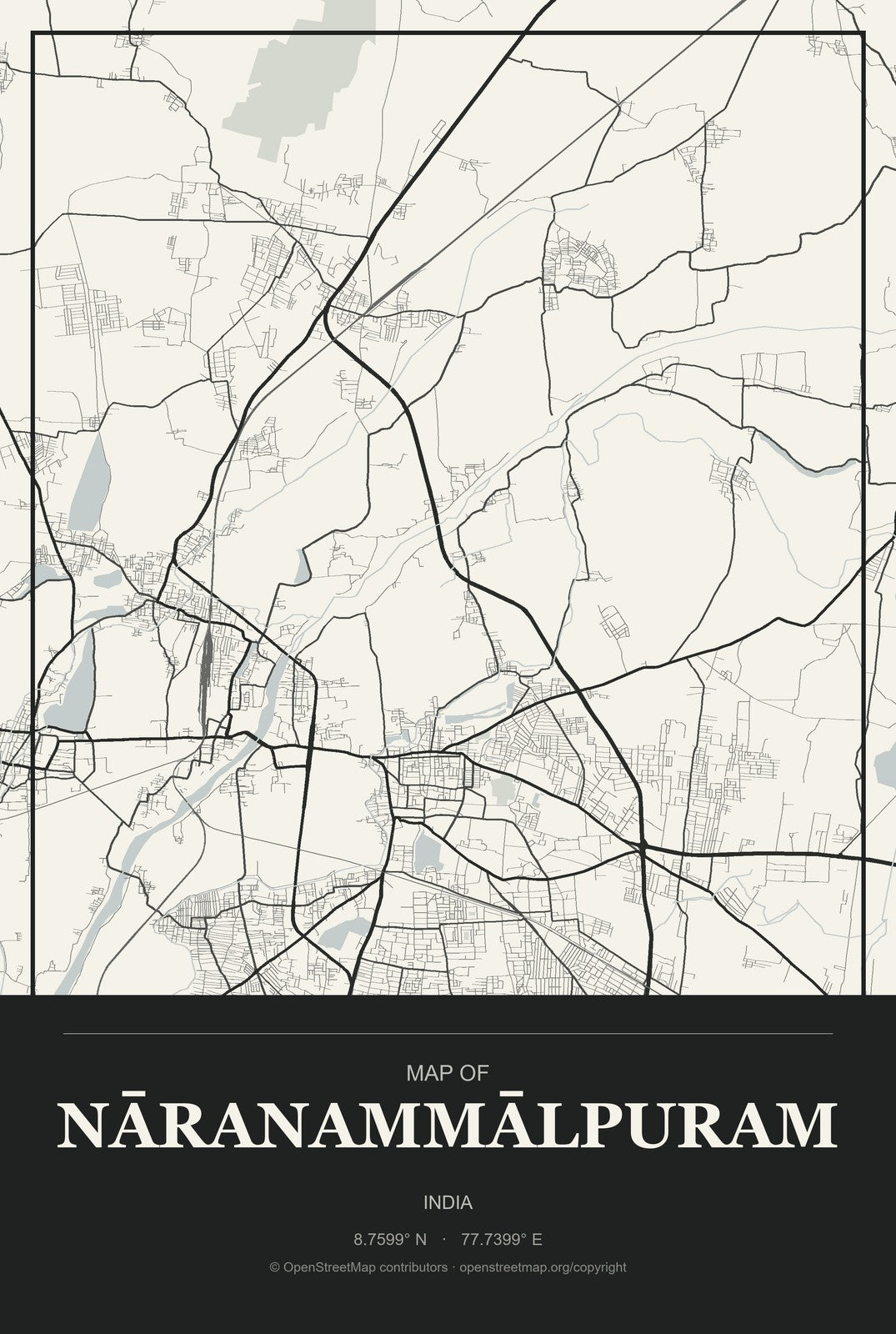 Nāranammālpuram, India City Map Aluminum Sign in Museum Plaque style