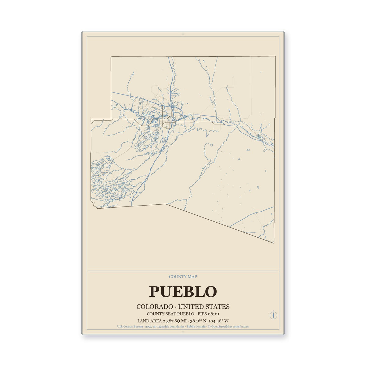 Pueblo County, Colorado Map Aluminum Sign in Heritage Nautical style