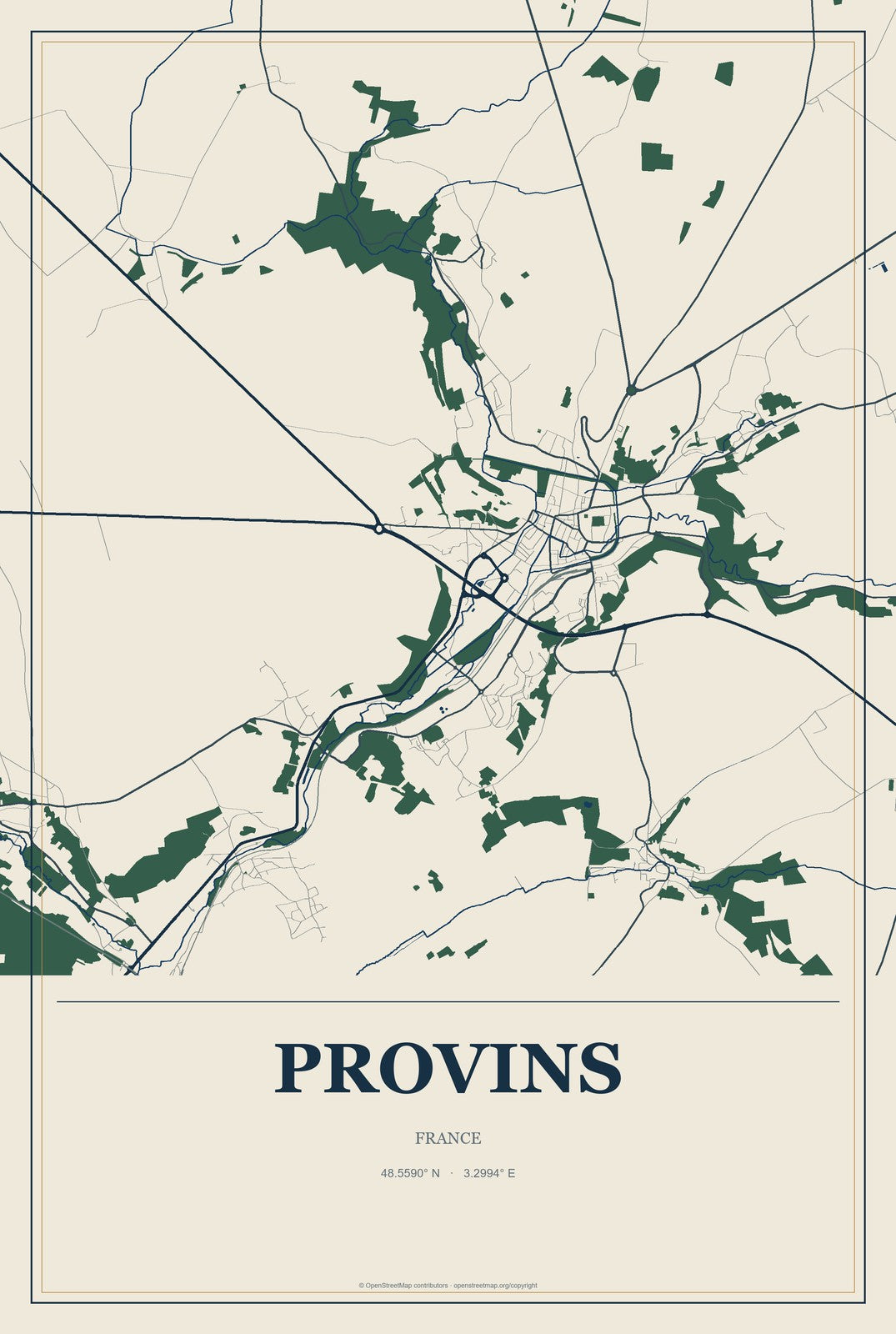 Provins, France City Map Aluminum Sign in Coastal Cutout style
