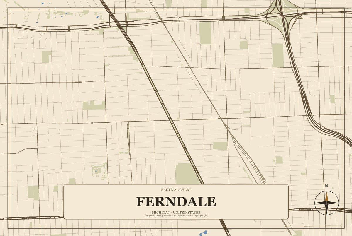 Ferndale, Michigan City Map Aluminum Sign in Heritage Nautical style