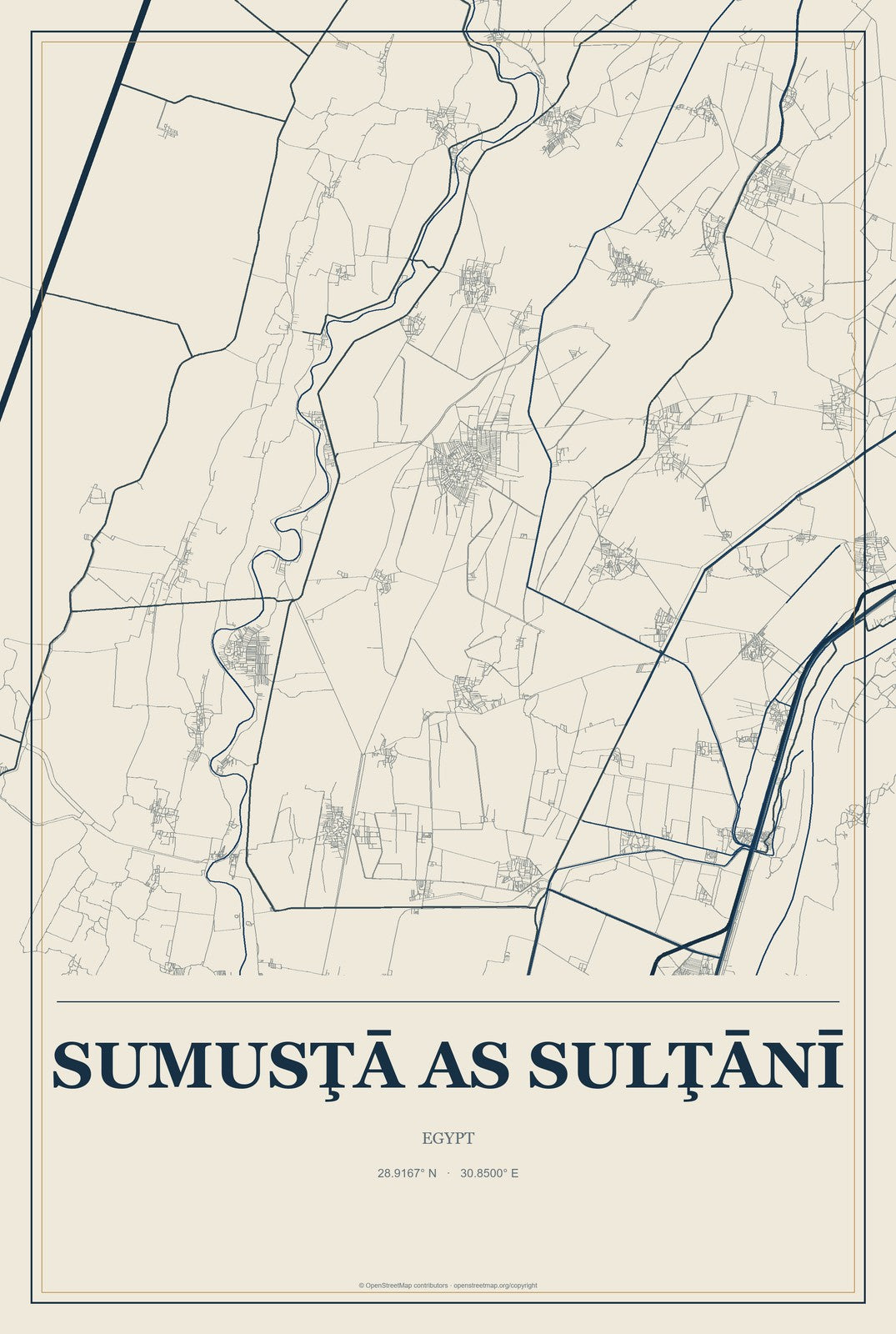 Sumusţā as Sulţānī, Egypt City Map Aluminum Sign in Coastal Cutout style