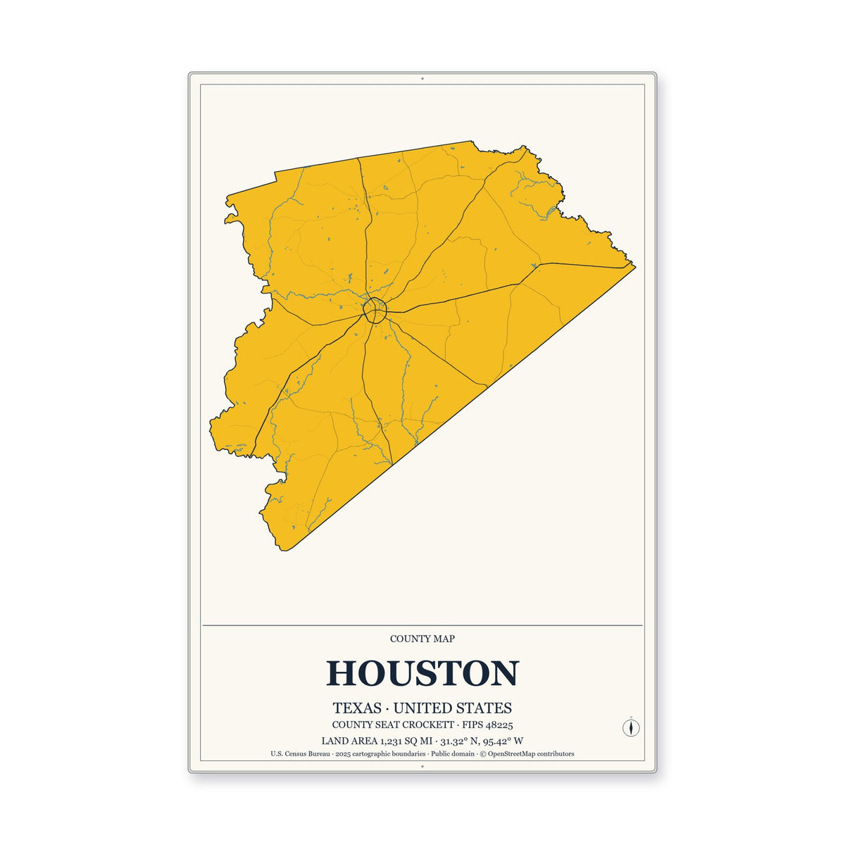 Houston County, Texas Map Aluminum Sign in Citrine Modern style