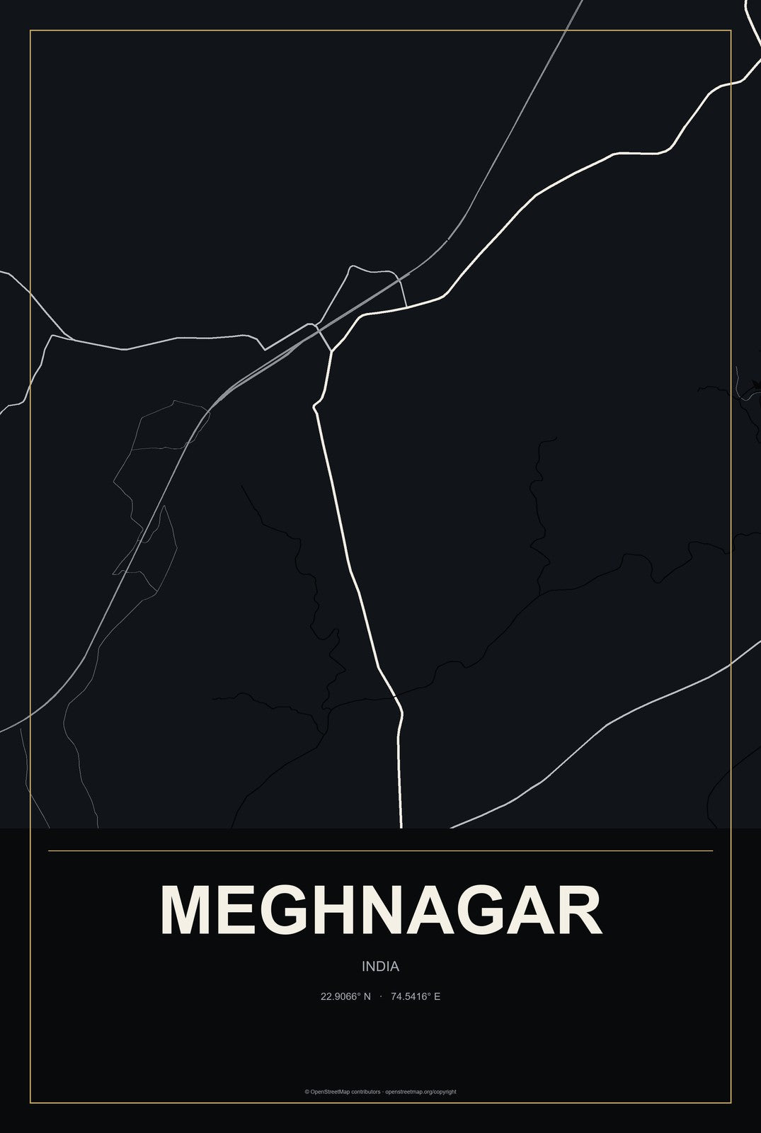 Meghnagar, India City Map Aluminum Sign in Metropolitan Noir style