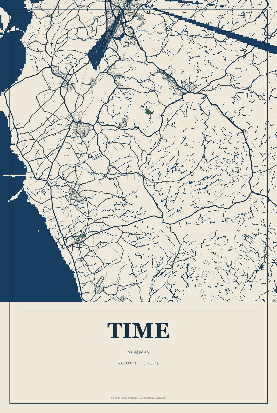 Time, Norway City Map Aluminum Sign in Coastal Cutout style