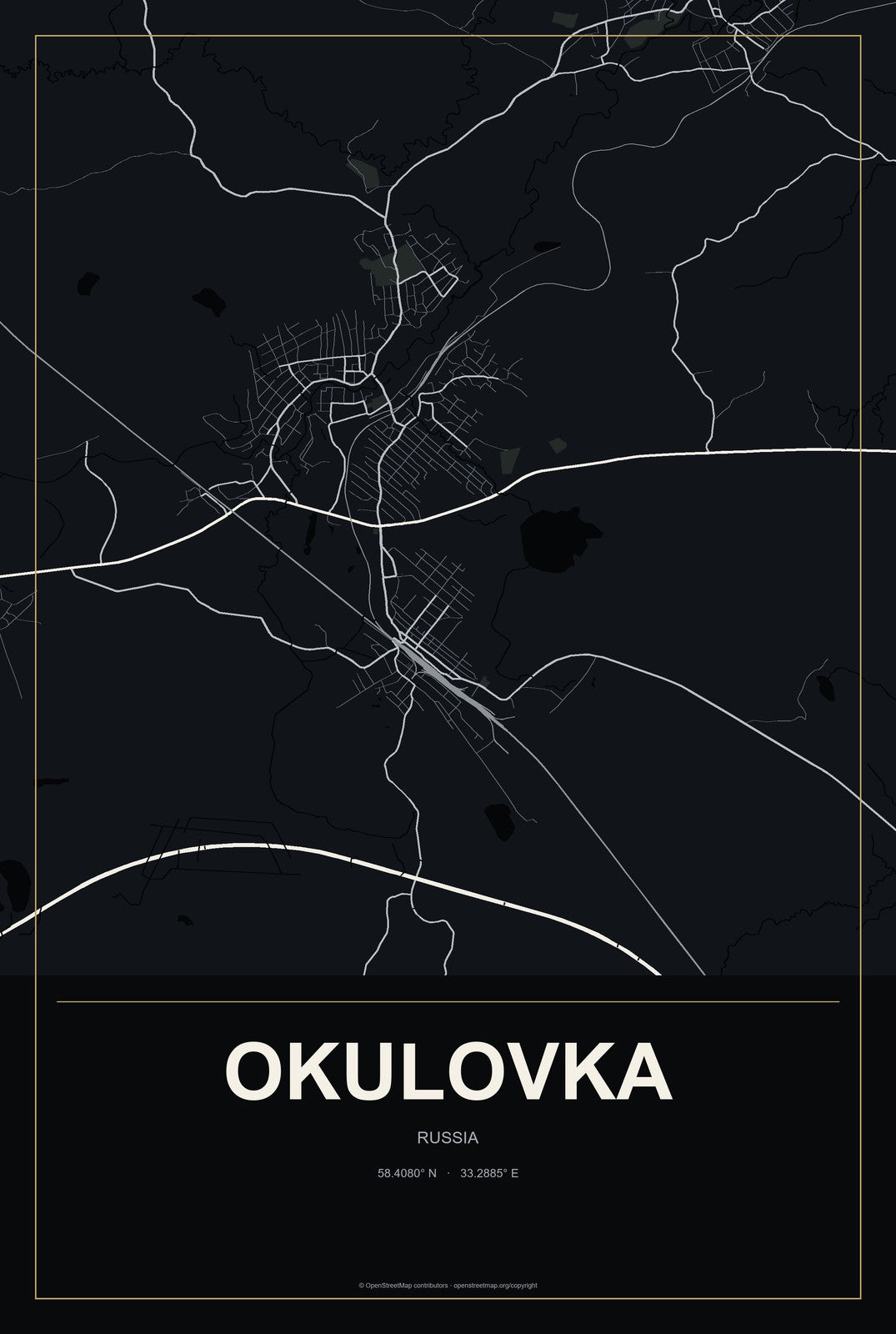 Okulovka, Russia City Map Aluminum Sign in Metropolitan Noir style