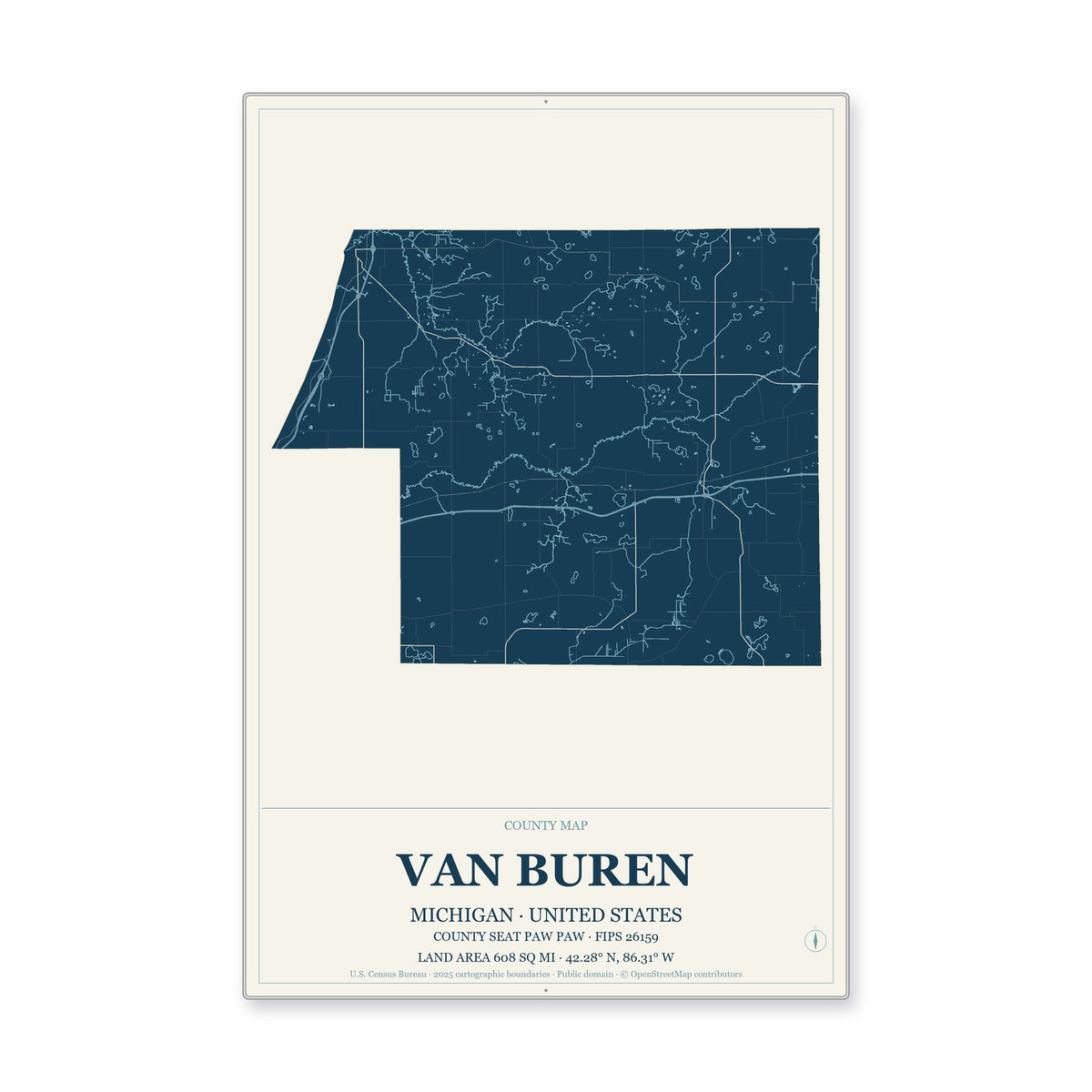 Van Buren County, Michigan Map Aluminum Sign in Coastal Cutout style