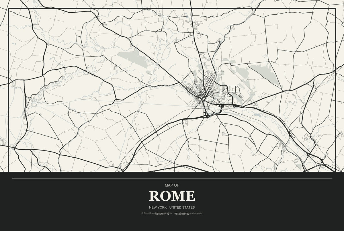 Rome, New York City Map Aluminum Sign in Museum Plaque style