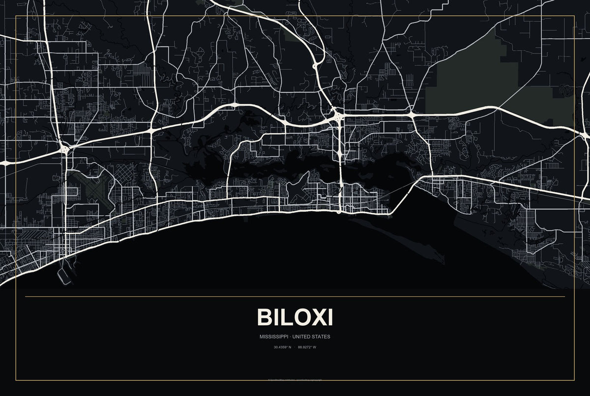 Biloxi, Mississippi City Map Aluminum Sign in Metropolitan Noir style