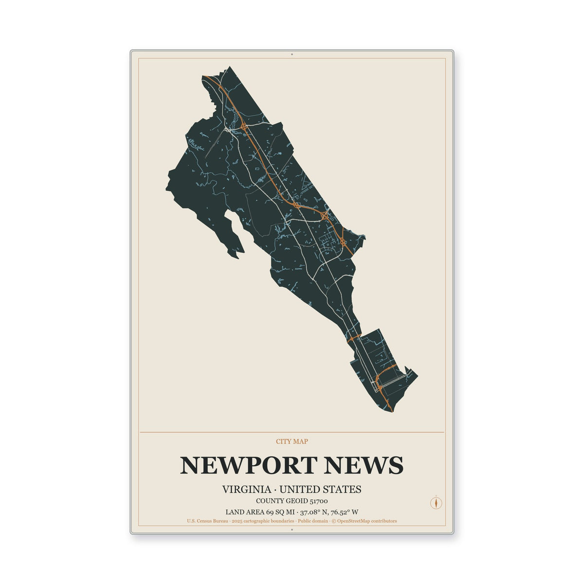 Newport News city, Virginia Map Aluminum Sign in Headline Atlas style