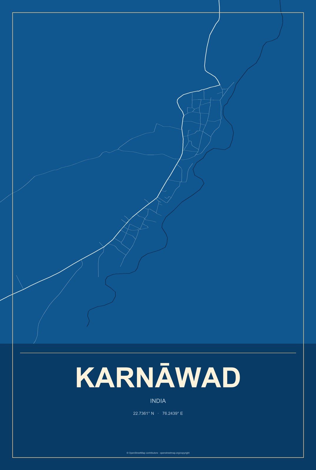Karnāwad, India City Map Aluminum Sign in Harbor Cobalt style