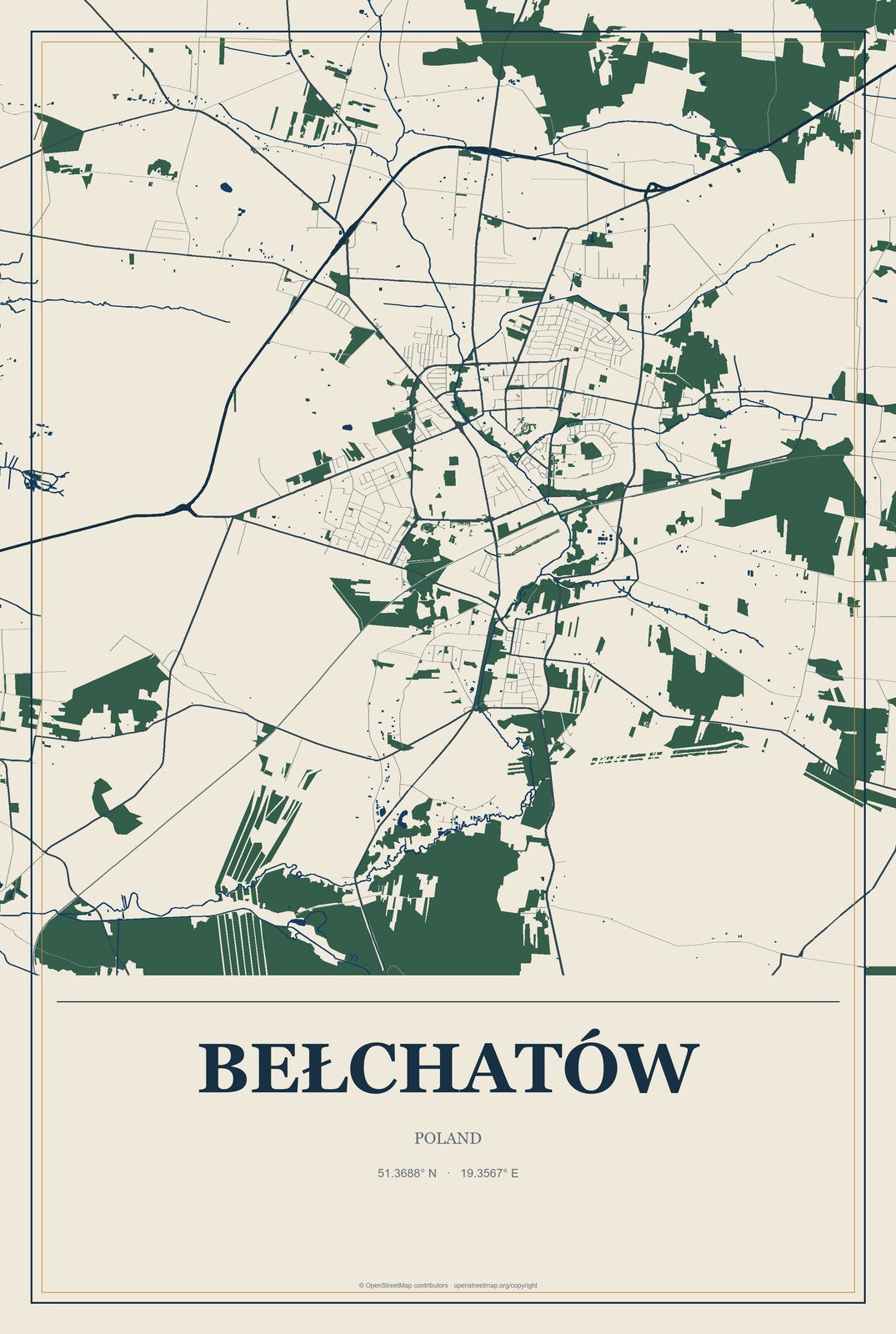 Bełchatów, Poland City Map Aluminum Sign in Coastal Cutout style