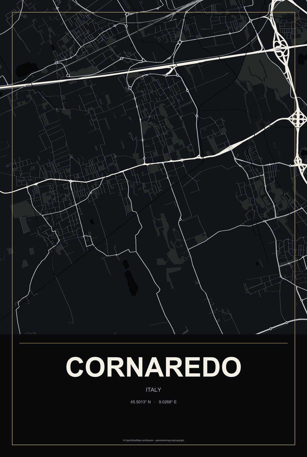 Cornaredo, Italy City Map Aluminum Sign in Metropolitan Noir style