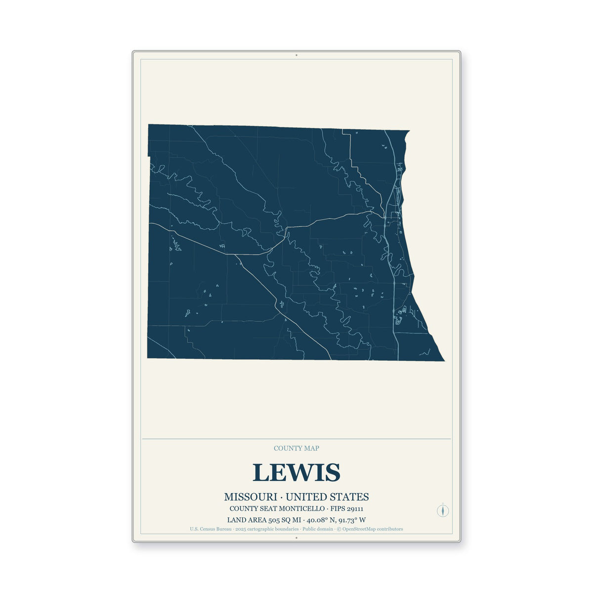 Lewis County, Missouri Map Aluminum Sign in Coastal Cutout style