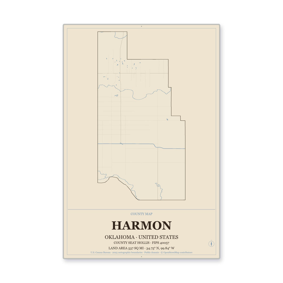 Harmon County, Oklahoma Map Aluminum Sign in Heritage Nautical style