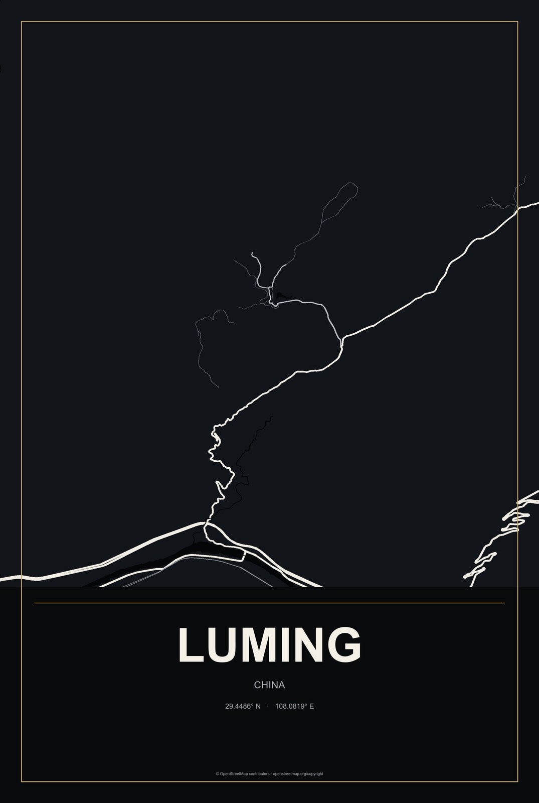 Luming, China City Map Aluminum Sign in Metropolitan Noir style