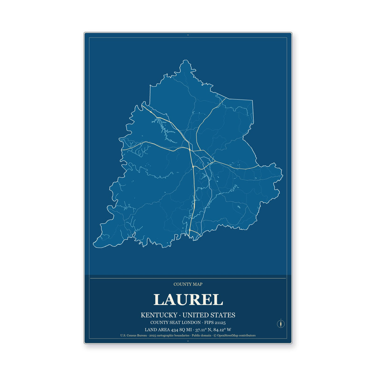 Laurel County, Kentucky Map Aluminum Sign in Harbor Cobalt style