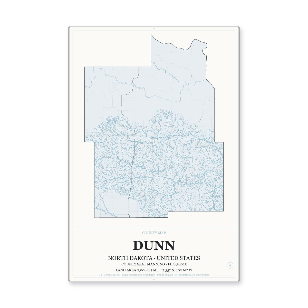 Dunn County, North Dakota Map Aluminum Sign in Gallery Air style