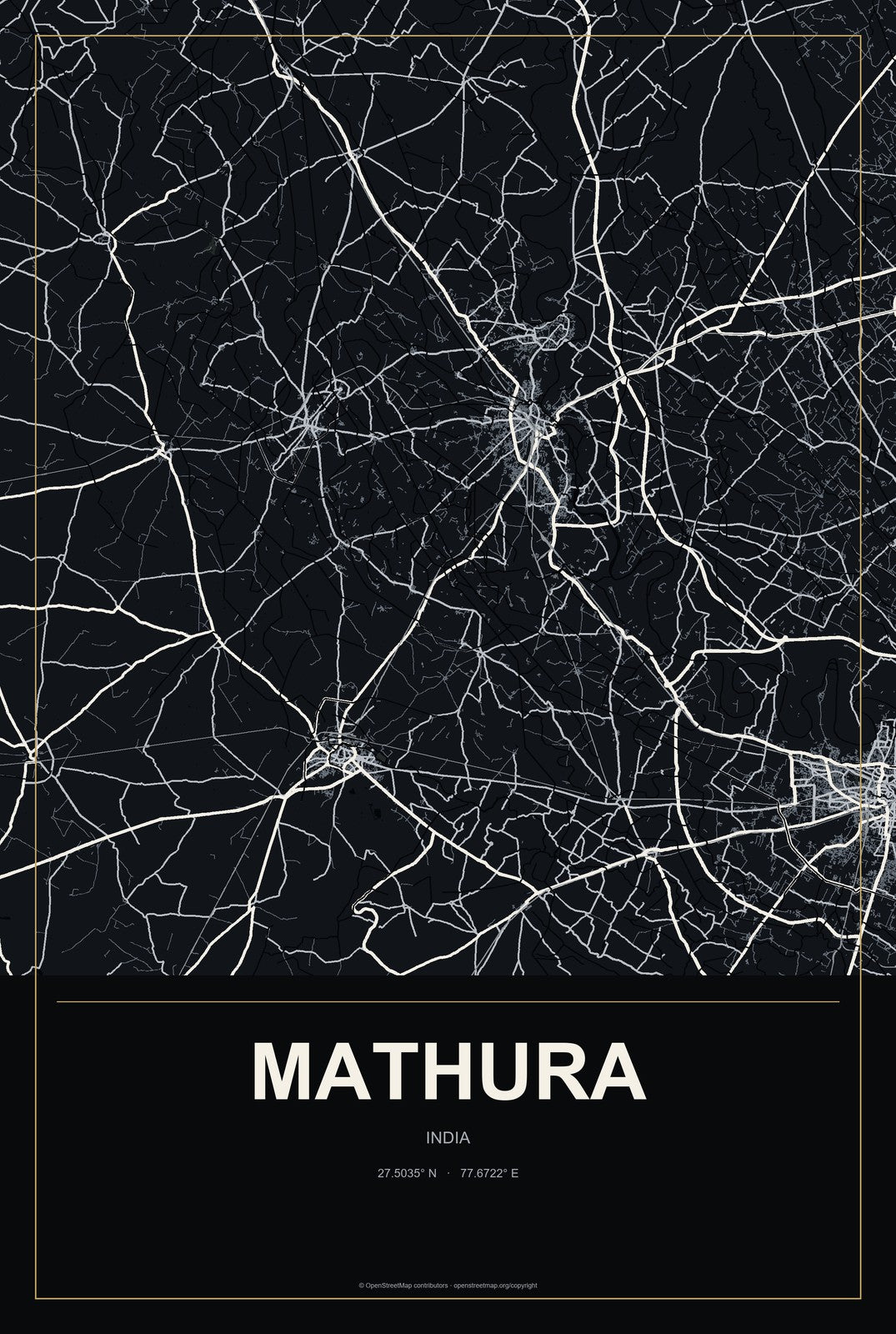 Mathura, India City Map Aluminum Sign in Metropolitan Noir style
