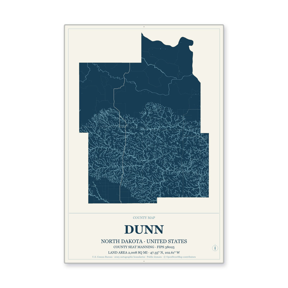 Dunn County, North Dakota Map Aluminum Sign in Coastal Cutout style