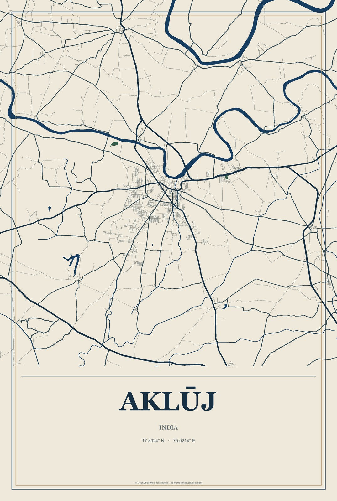 Aklūj, India City Map Aluminum Sign in Coastal Cutout style