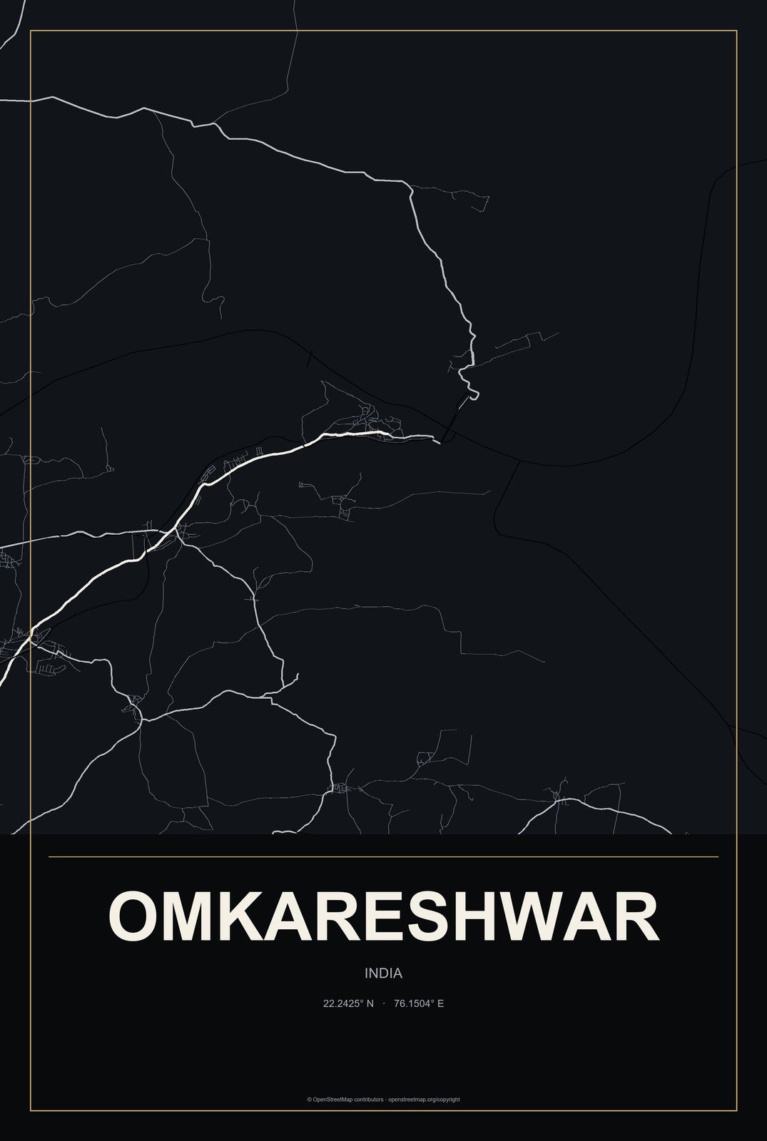 Omkareshwar, India City Map Aluminum Sign in Metropolitan Noir style