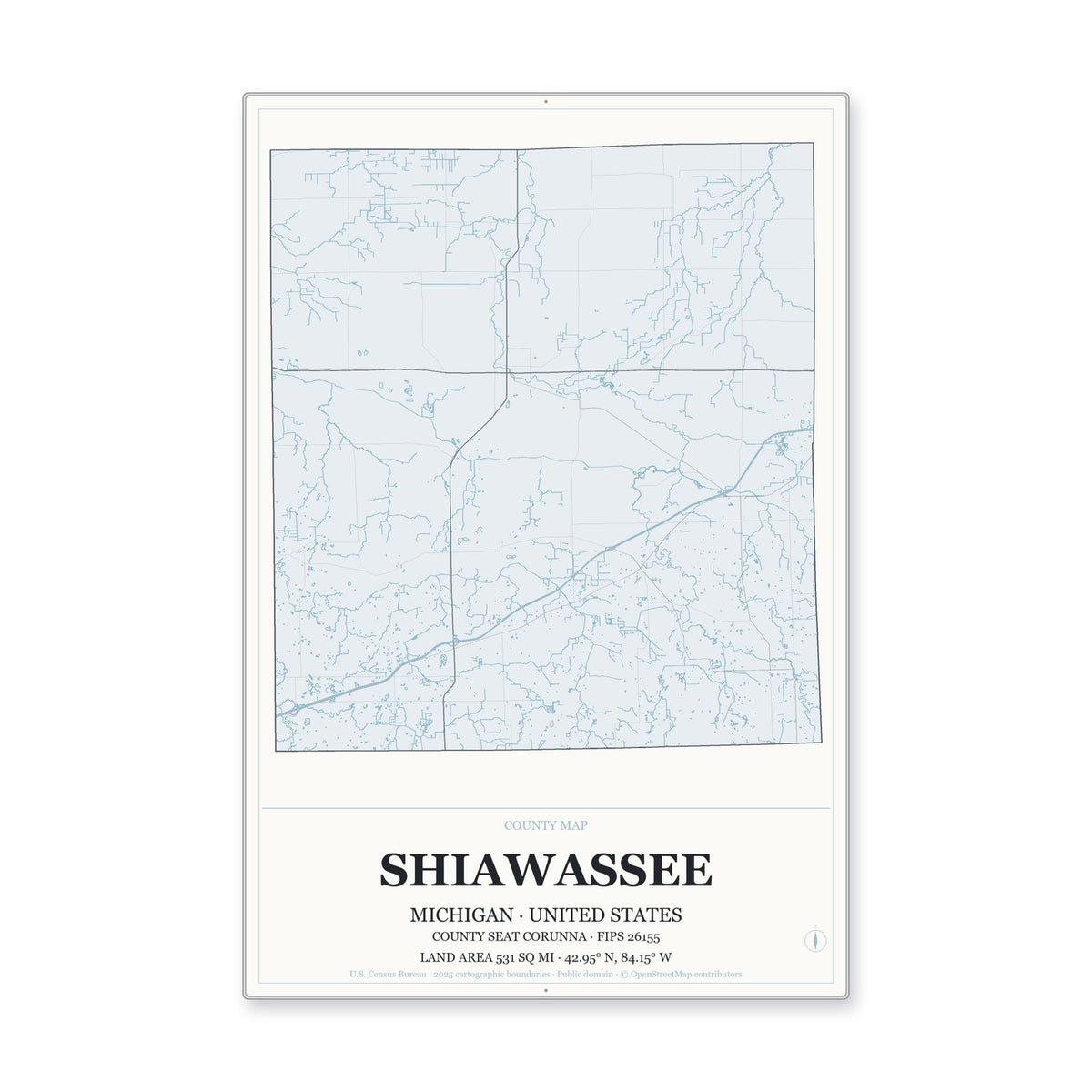 Shiawassee County, Michigan Map Aluminum Sign in Gallery Air style