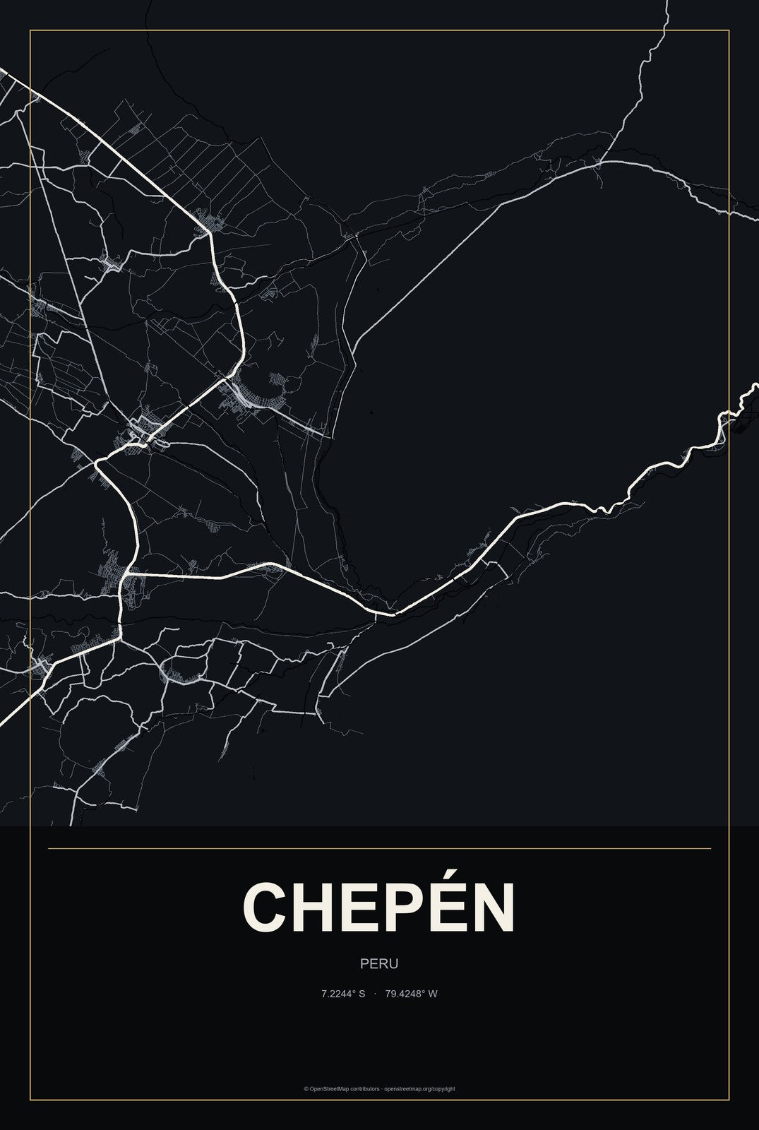 Chepén, Peru City Map Aluminum Sign in Metropolitan Noir style