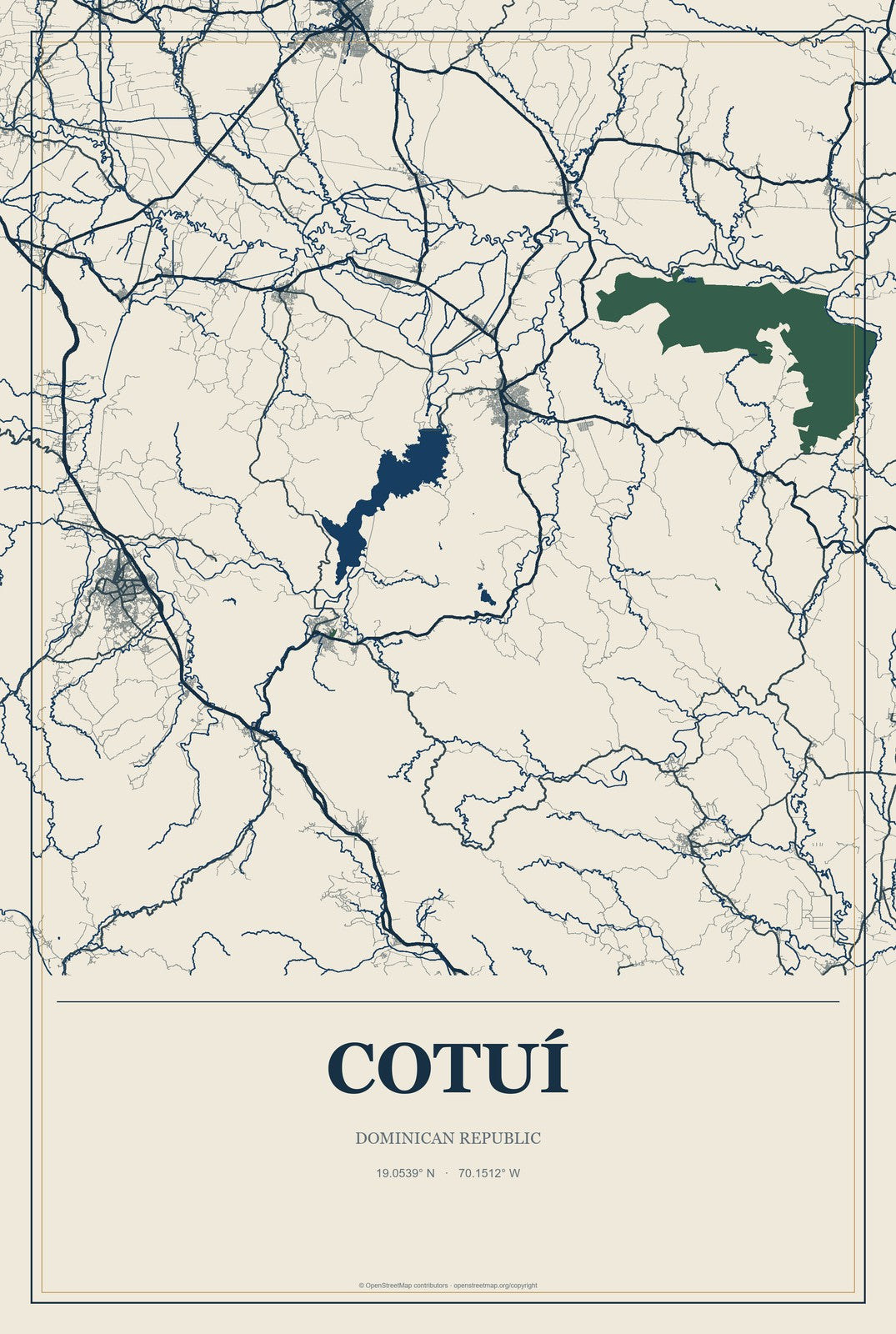 Cotuí, Dominican Republic City Map Aluminum Sign in Coastal Cutout style