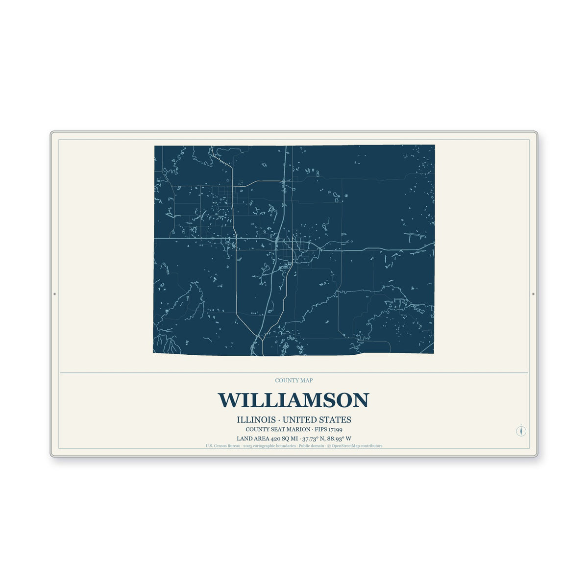 Williamson County, Illinois Map Aluminum Sign in Coastal Cutout style