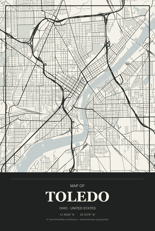 Toledo, Ohio City Map Aluminum Sign in Museum Plaque style