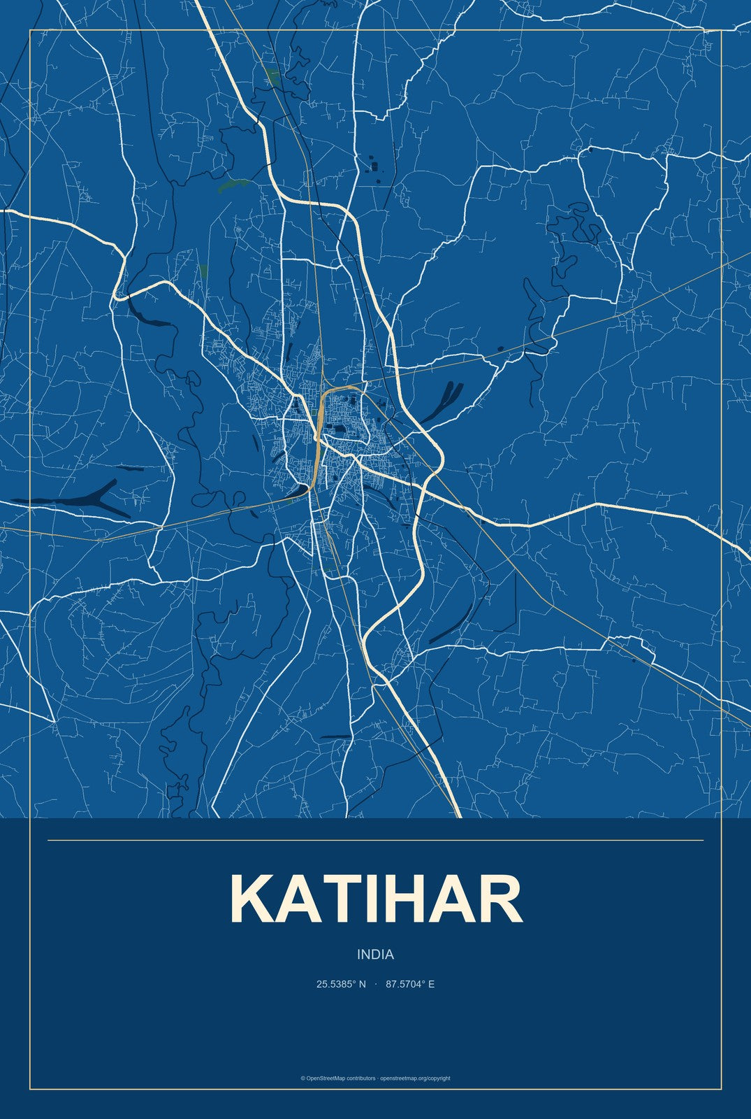 Katihar, India City Map Aluminum Sign in Harbor Cobalt style