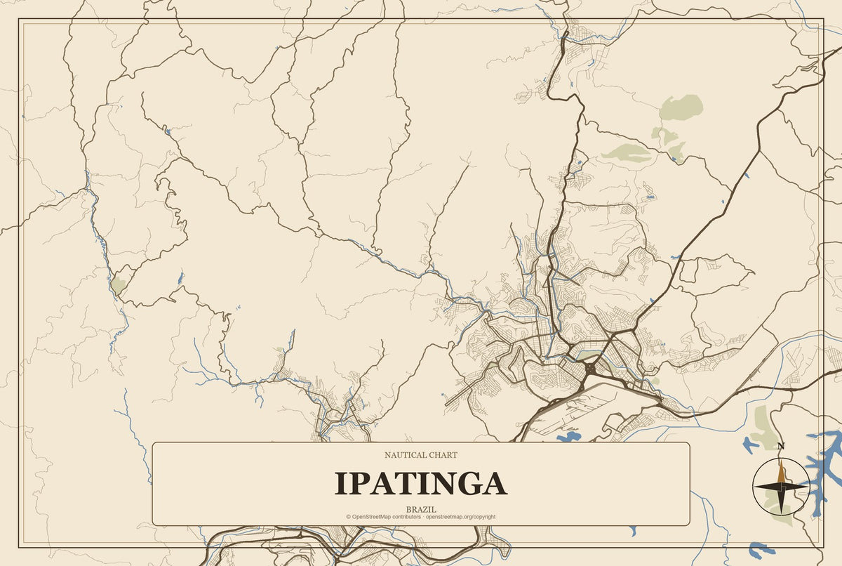 Ipatinga, Brazil City Map Aluminum Sign in Heritage Nautical style