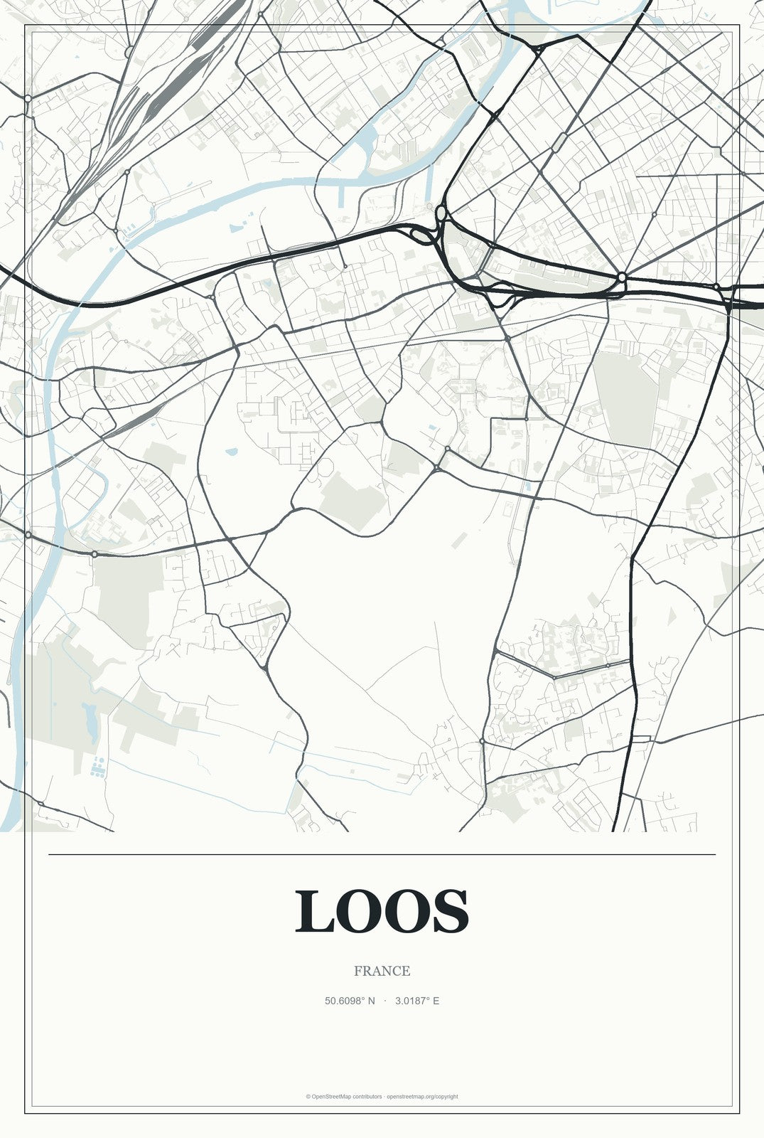 Loos, France City Map Aluminum Sign in Gallery Air style