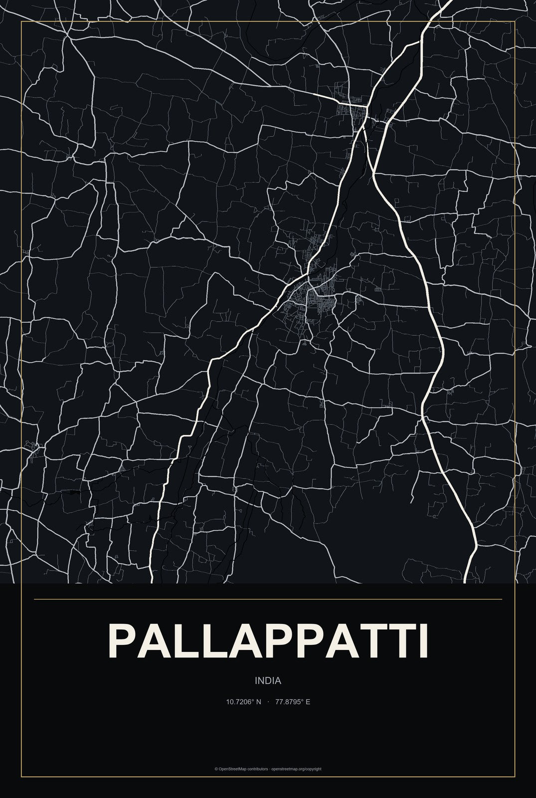 Pallappatti, India City Map Aluminum Sign in Metropolitan Noir style