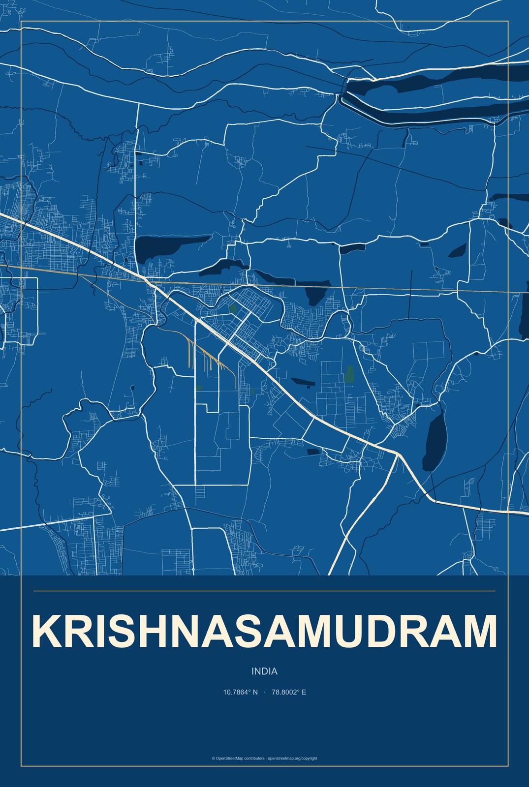 Krishnasamudram, India City Map Aluminum Sign in Harbor Cobalt style