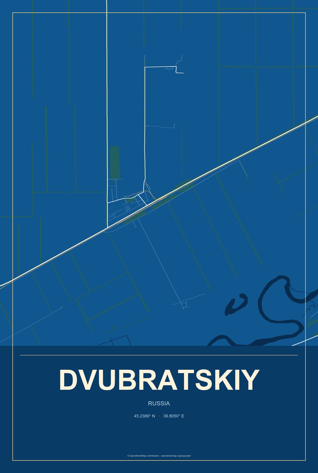 Dvubratskiy, Russia City Map Aluminum Sign in Harbor Cobalt style